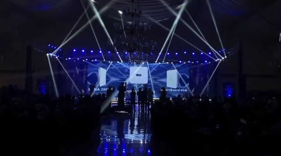 Ballroom stage with beam lights and LED screen